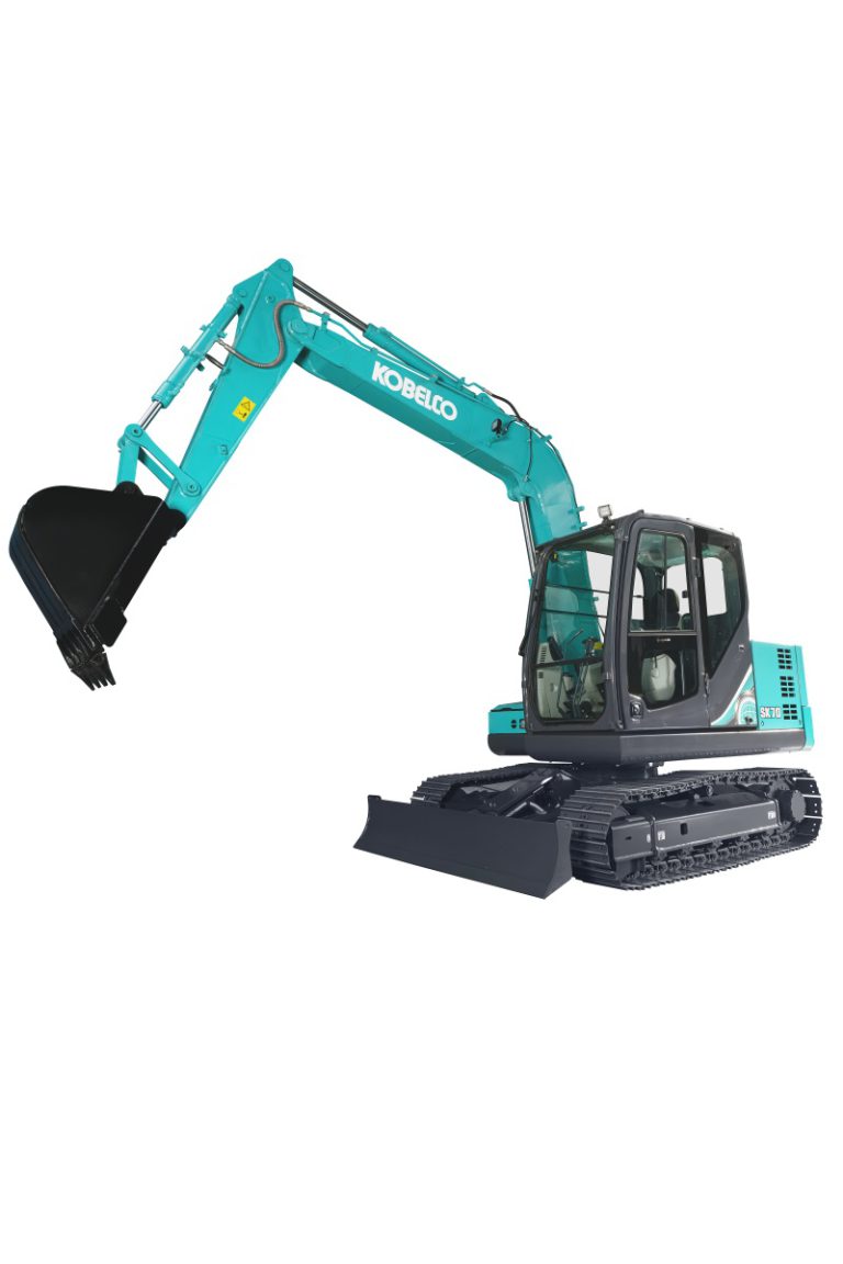 Teal Kobelco excavator with extended arm and bucket on tracks.